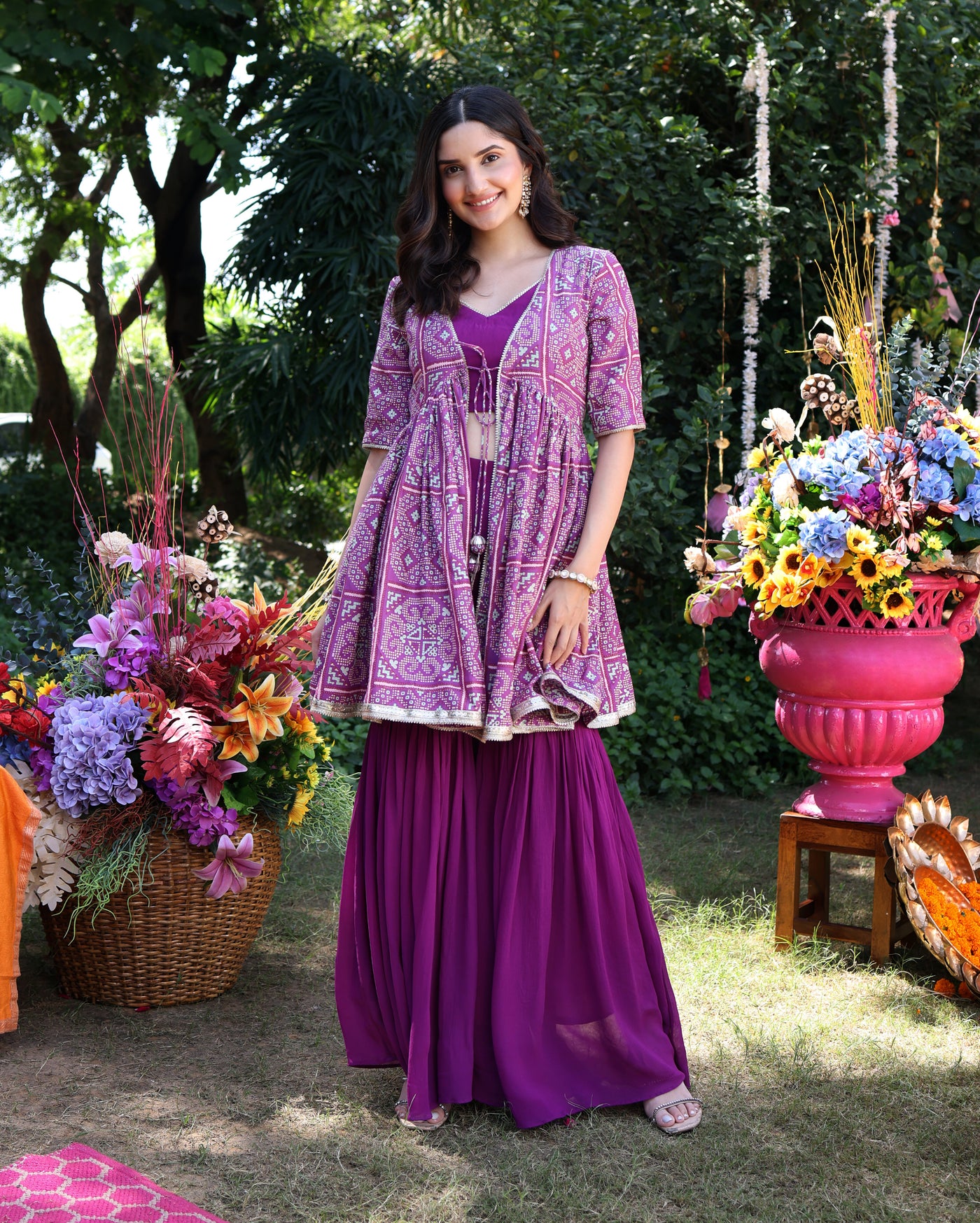 Geometric Purple Elegance Printed Satin Sharara Set