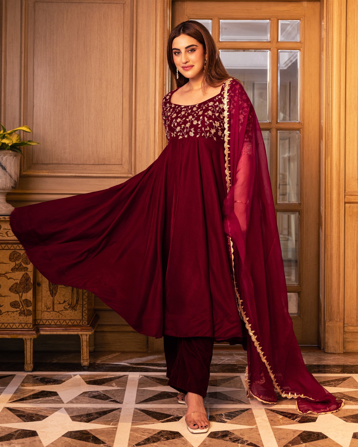 Nargi Wine Embroidered Velvet Suit Set