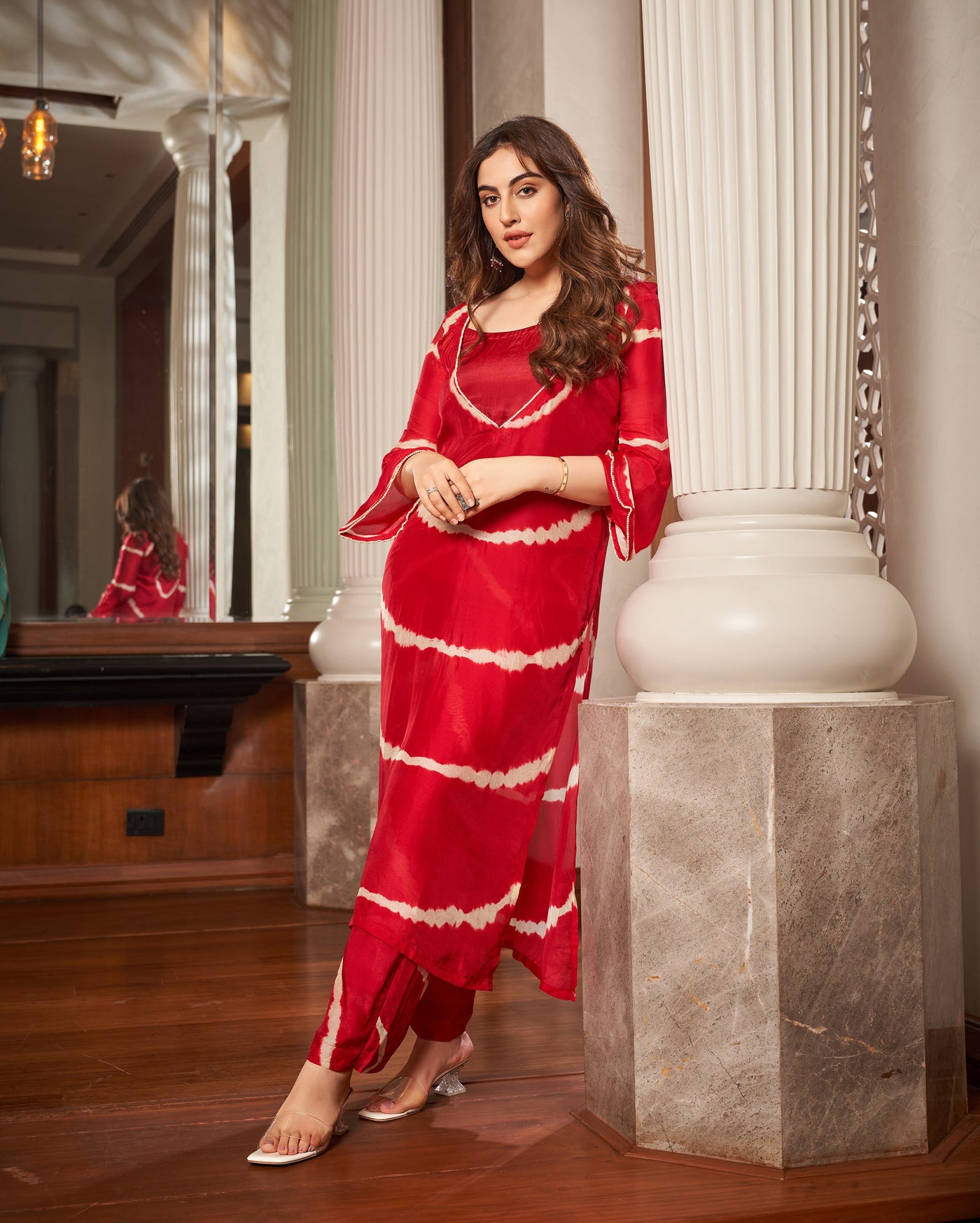 Anavila Red Leheriya Silk Kurta Set