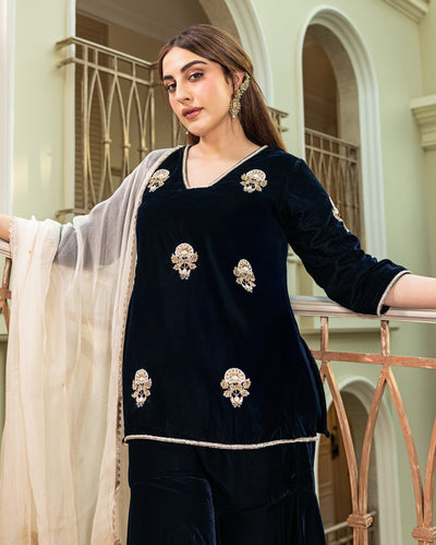 Nihayat Navy Embroidered Velvet Sharara Set