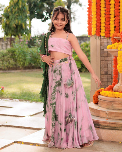 Rainbow Ripple Pink Green Tie Dye Silk Lehenga set