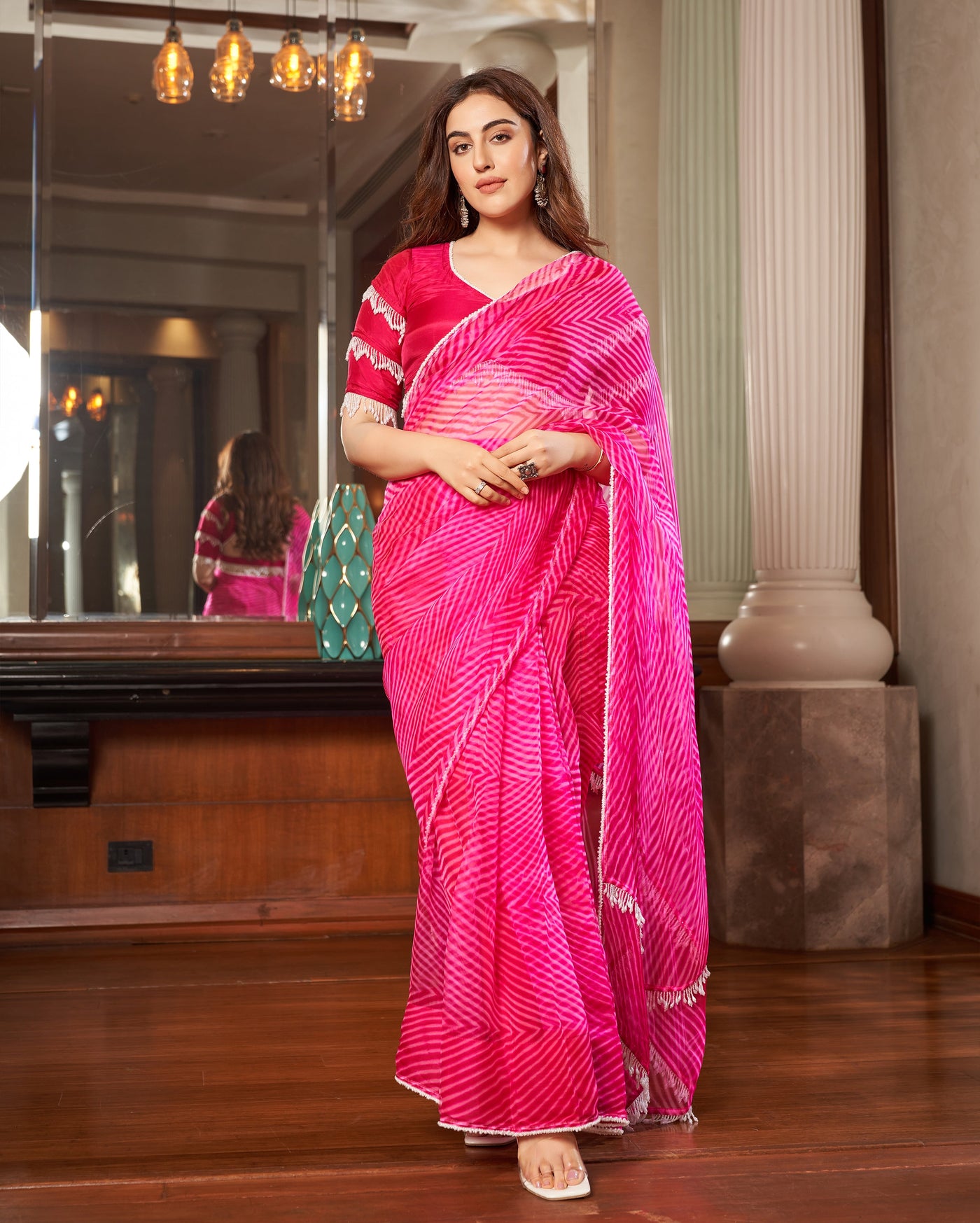 Sangam Pink Leheriya Organza Pre Draped Saree