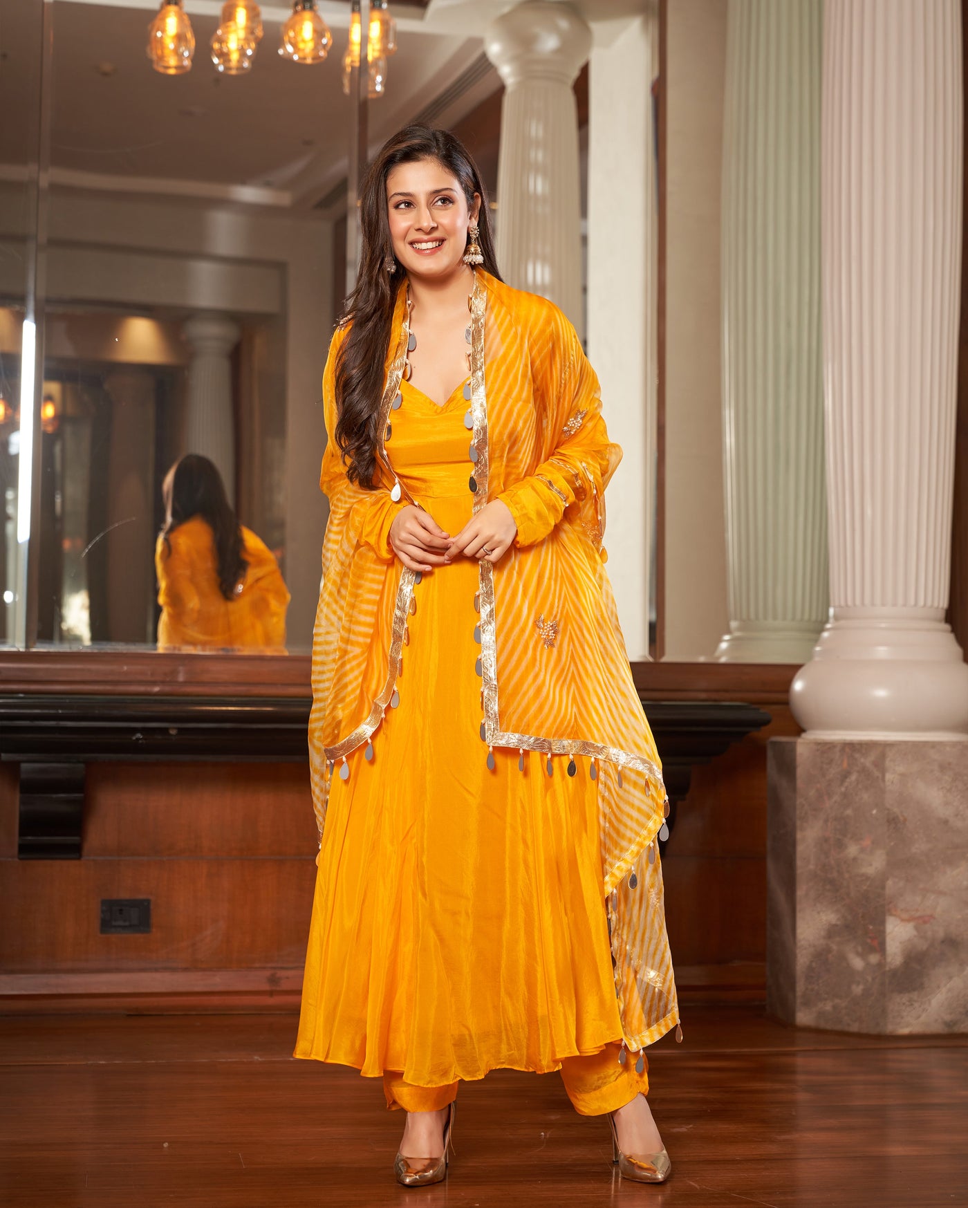 Avittam Mustard Yellow Leheriya Silk Suit Set