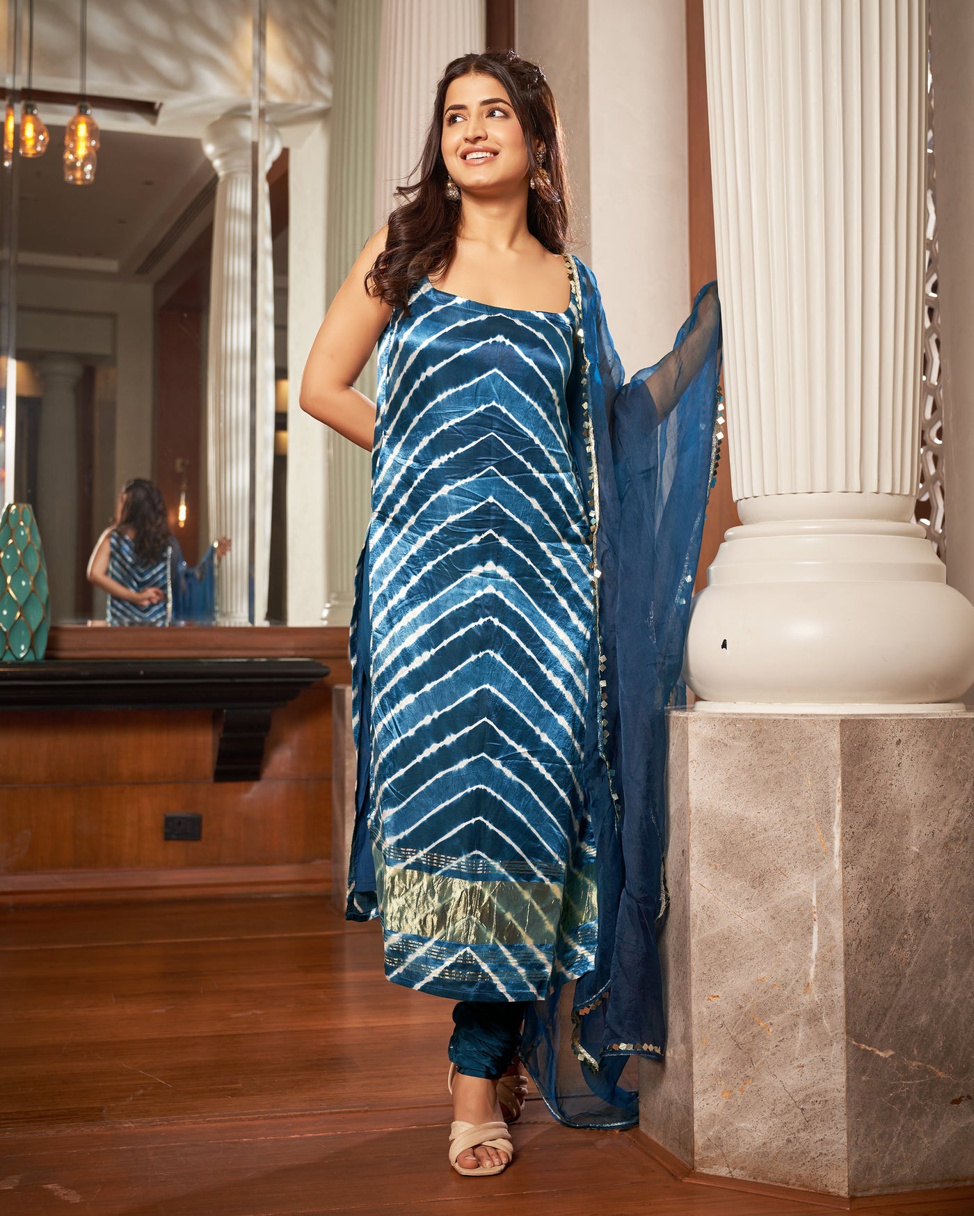 Dhara Blue Leheriya Silk Suit Set