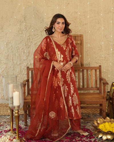 Diya Orange Jacquard Suit Set