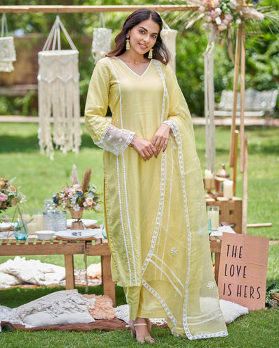 Zaha Pastel Yellow Embroidered Chanderi Kurta Set