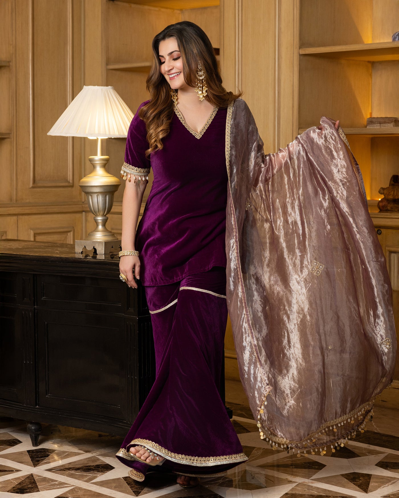 Jawahar Purple Solid Velvet Sharara Set