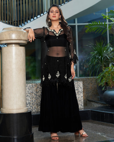 Sparsh Black Embroidered Organza Sharara Set