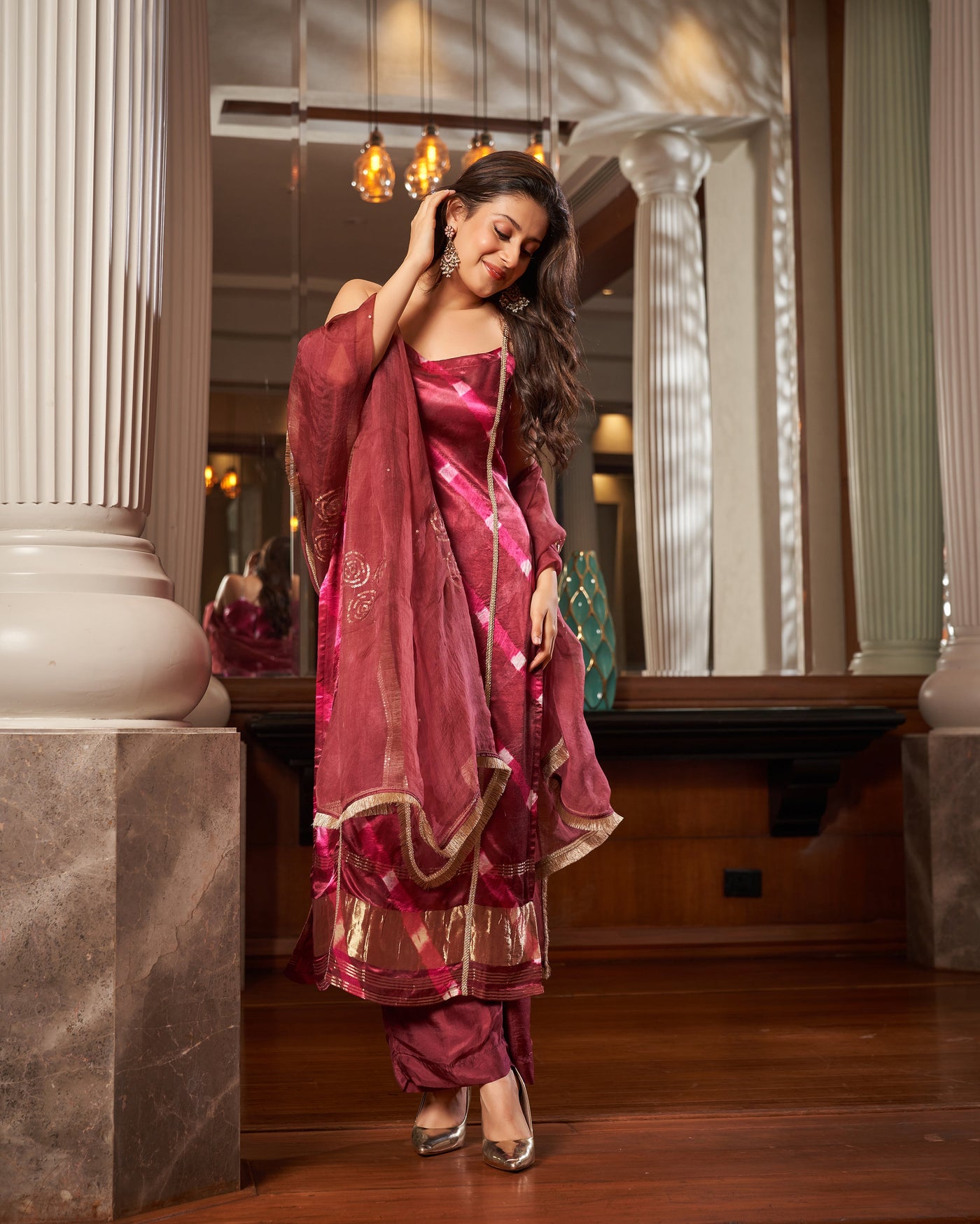 Ojas Maroon Leheriya Silk Suit Set