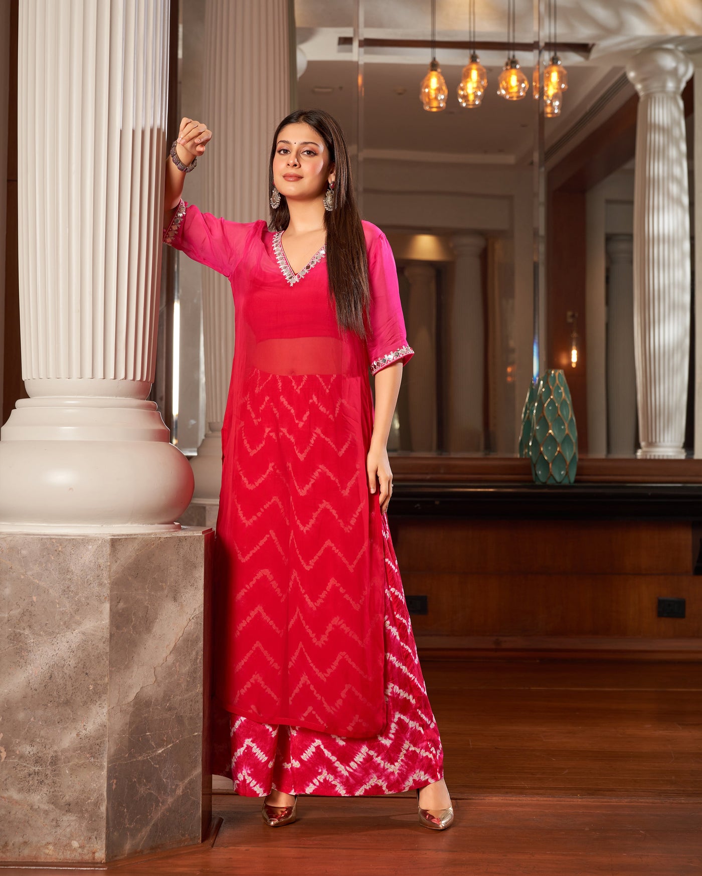 Arya Red Pink Ombre Leheriya Organza Kurta Set