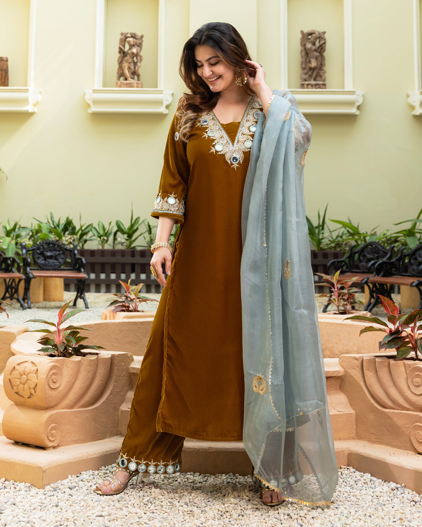 Khardali Mustard Embroidered Velvet Suit Set