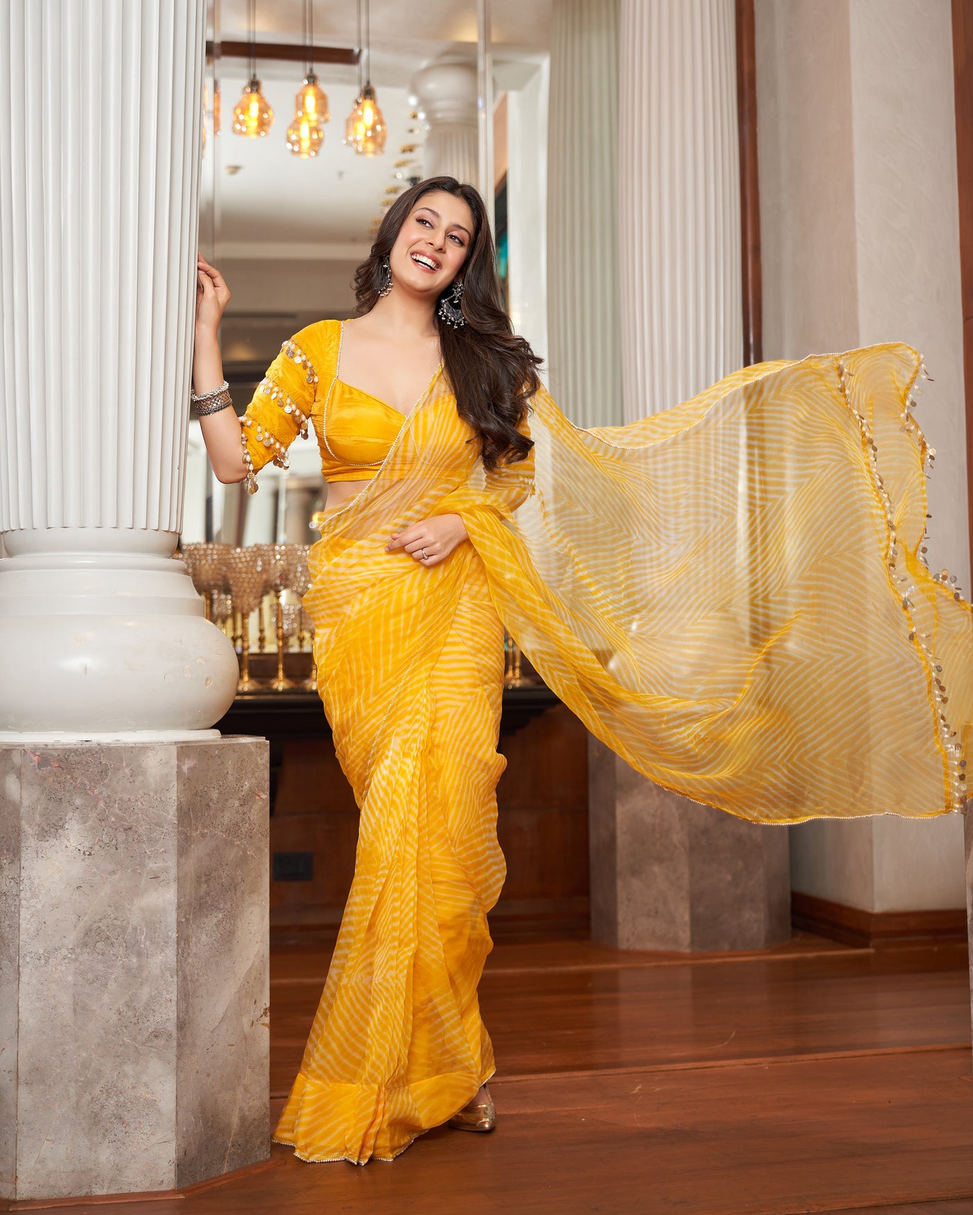 Agni Yellow Leheriya Organza Pre Draped Saree