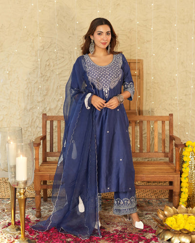 Tejaswi Blue Embroidered Chanderi Suit Set