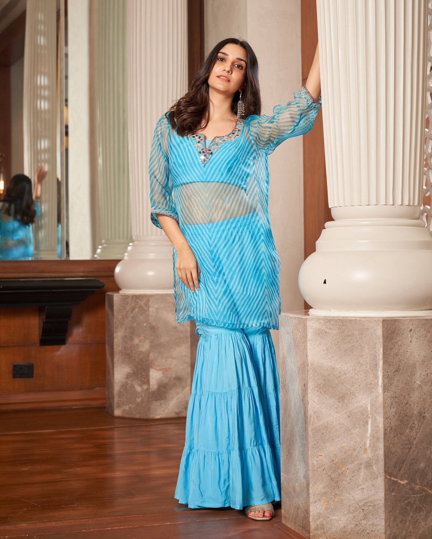 Tijori Light Blue Leheriya Organza Sharara Set