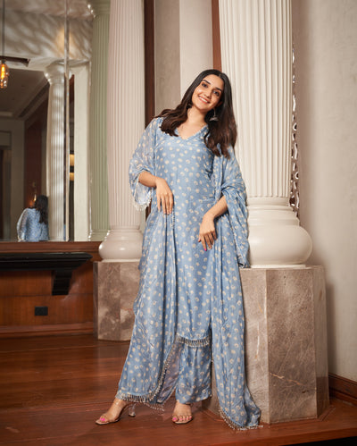 Tarang Pastel Blue Bandhani Silk Suit Set