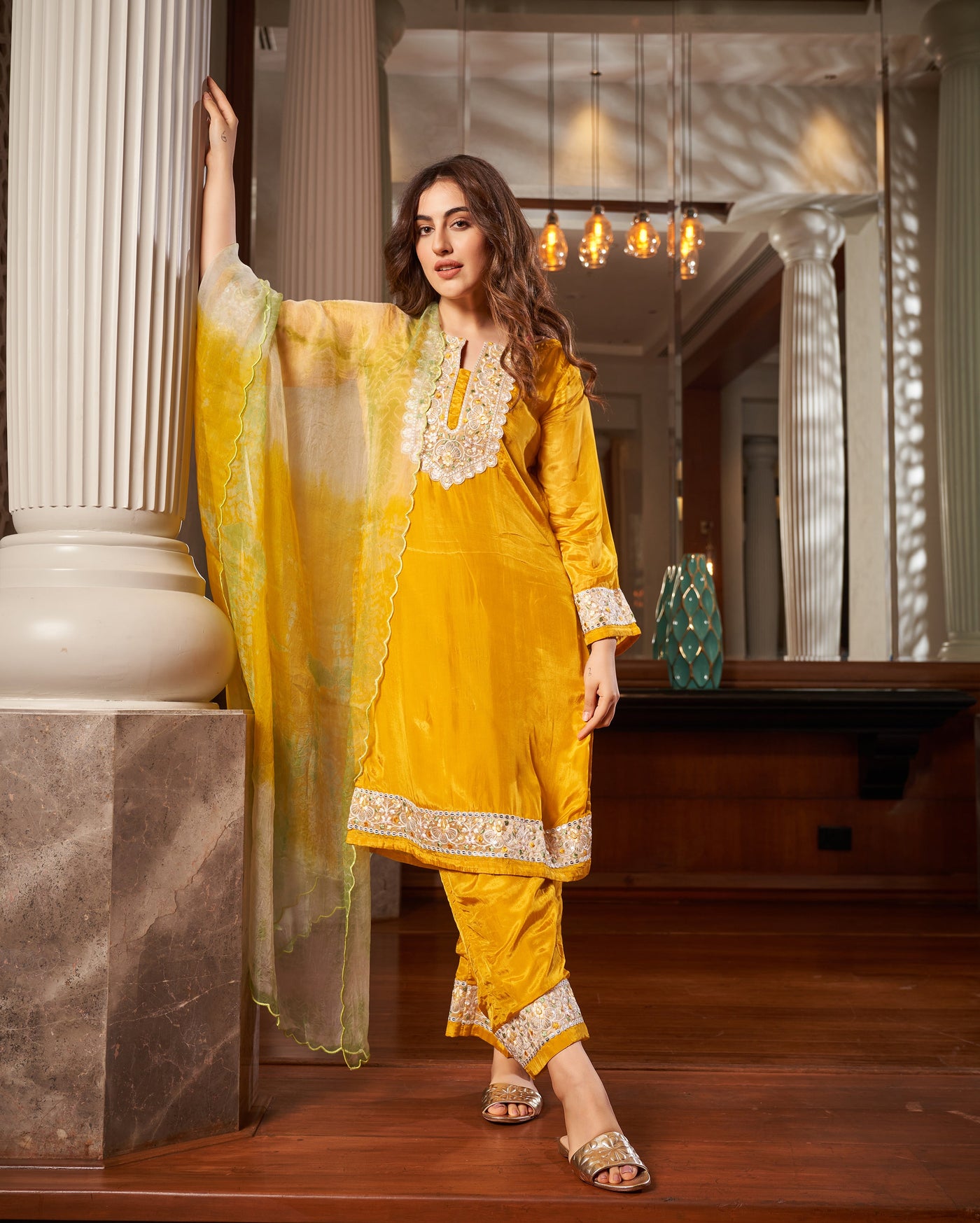 Seedit Yellow Solid Silk Suit Set