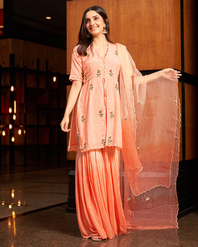 Heather Peach Embroidered Muslin Silk Sharara Set 