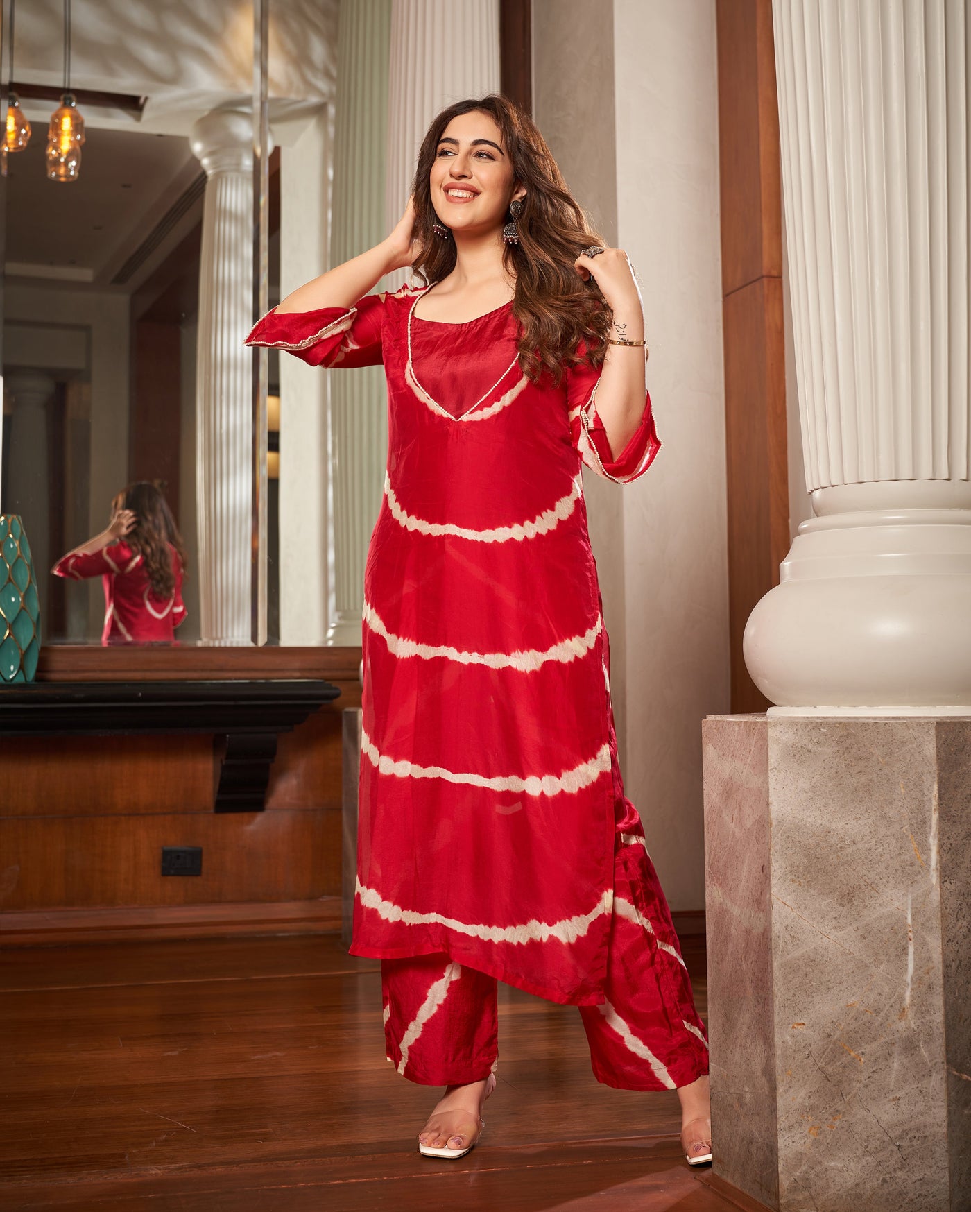 Anavila Red Leheriya Silk Kurta Set