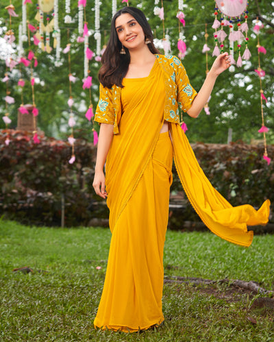 Uday Mustard Yellow Embroidered Chinon Pre Draped Saree