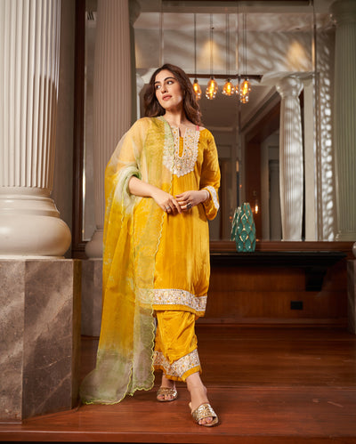 Seedit Yellow Solid Silk Suit Set