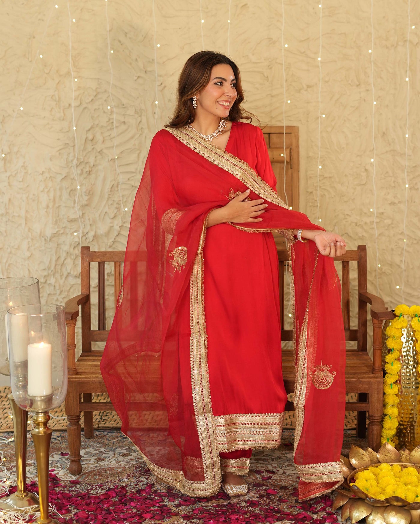 Kumkum Red Solid Satin Suit Set