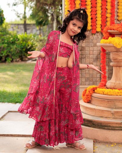 Puddle Petals Pink Georgette Cape Sharara Set