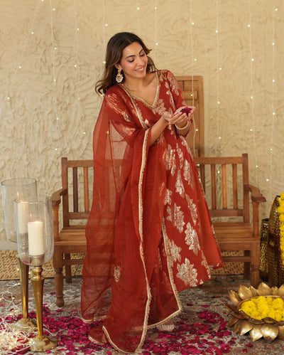 Diya Orange Jacquard Suit Set