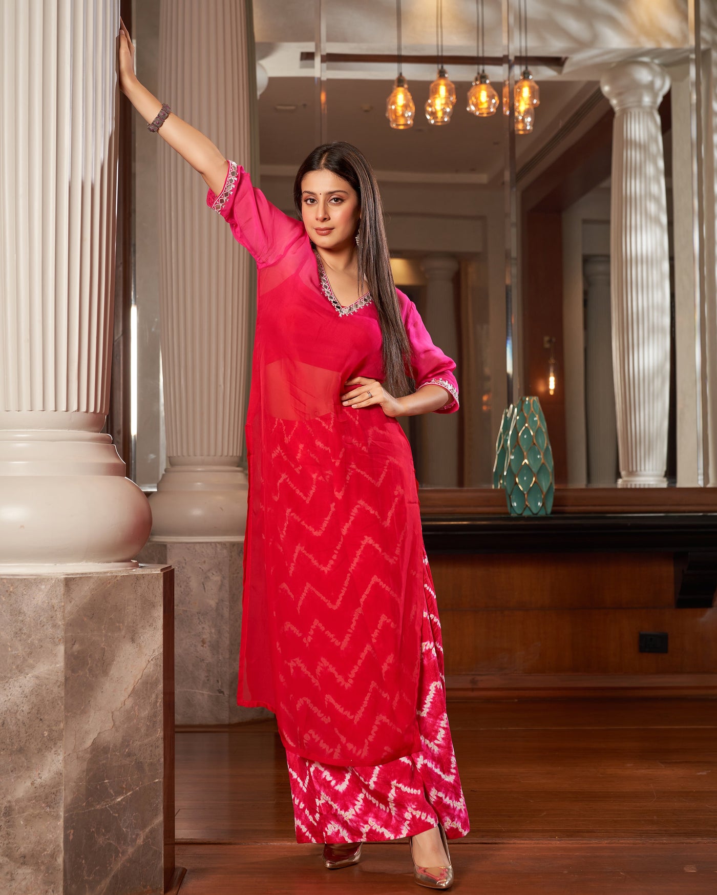 Arya Red Pink Ombre Leheriya Organza Kurta Set