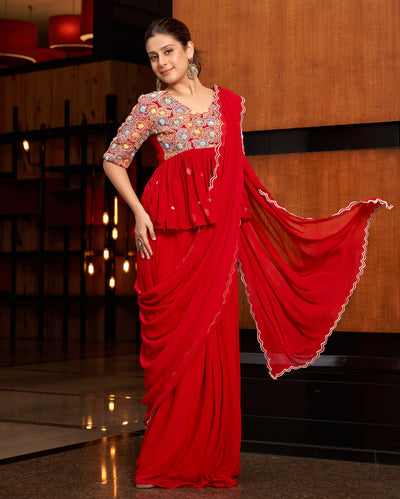 Phool Red Embroidered Georgette Pre Draped Saree