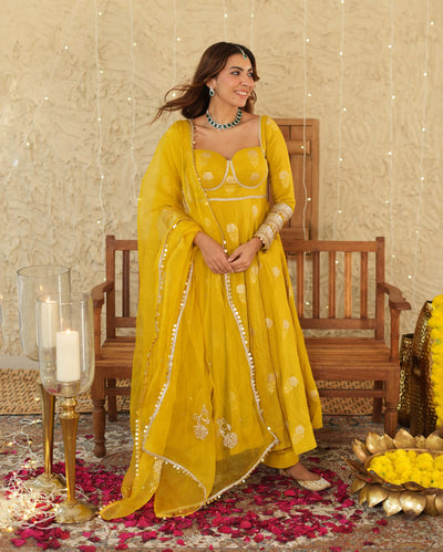 Nikhaar Mustard Jacquard Suit Set