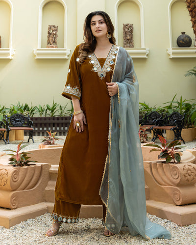 Khardali Mustard Embroidered Velvet Suit Set