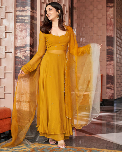 Rangat Mustard Yellow Embroidered Georgette Suit Set