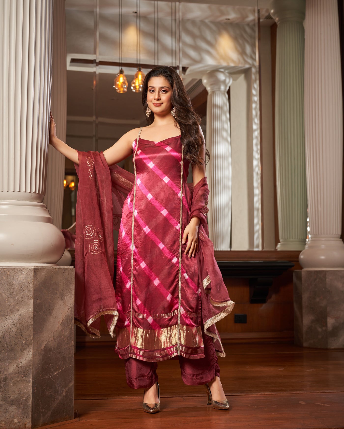 Ojas Maroon Leheriya Silk Suit Set