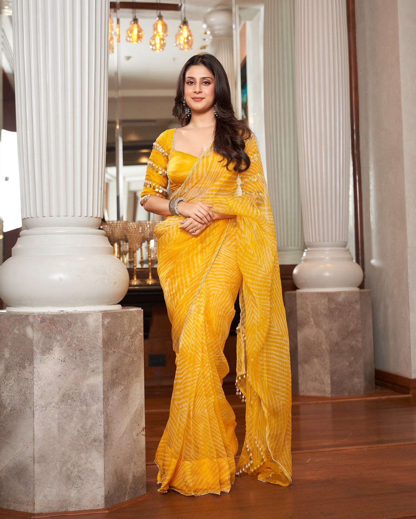 Agni Yellow Leheriya Organza Pre Draped Saree