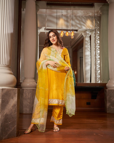 Seedit Yellow Solid Silk Suit Set