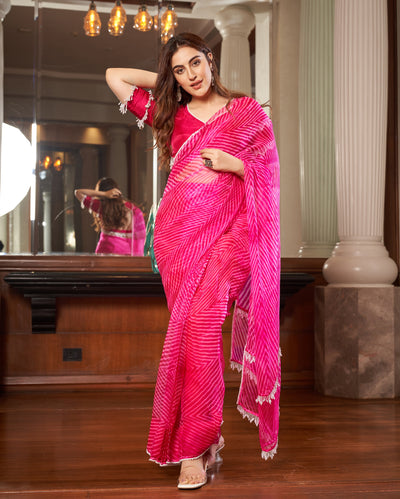 Sangam Pink Leheriya Organza Pre Draped Saree