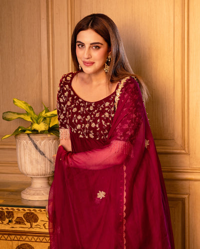 Nargi Wine Embroidered Velvet Suit Set