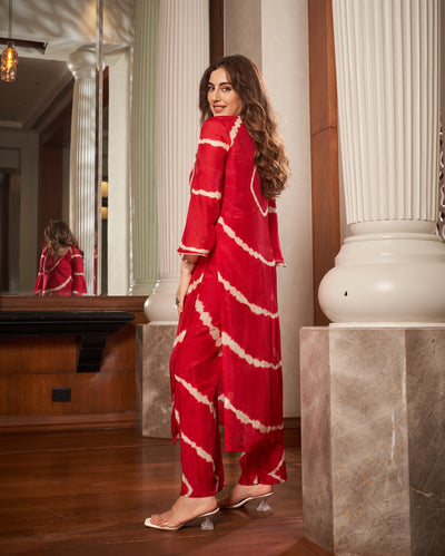 Anavila Red Leheriya Silk Kurta Set