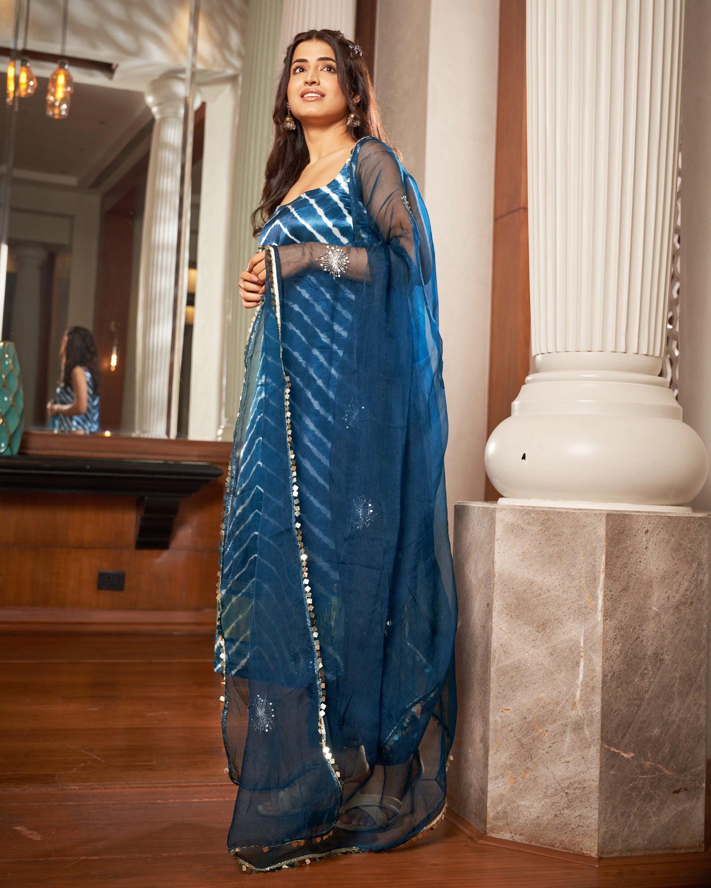 Dhara Blue Leheriya Silk Suit Set