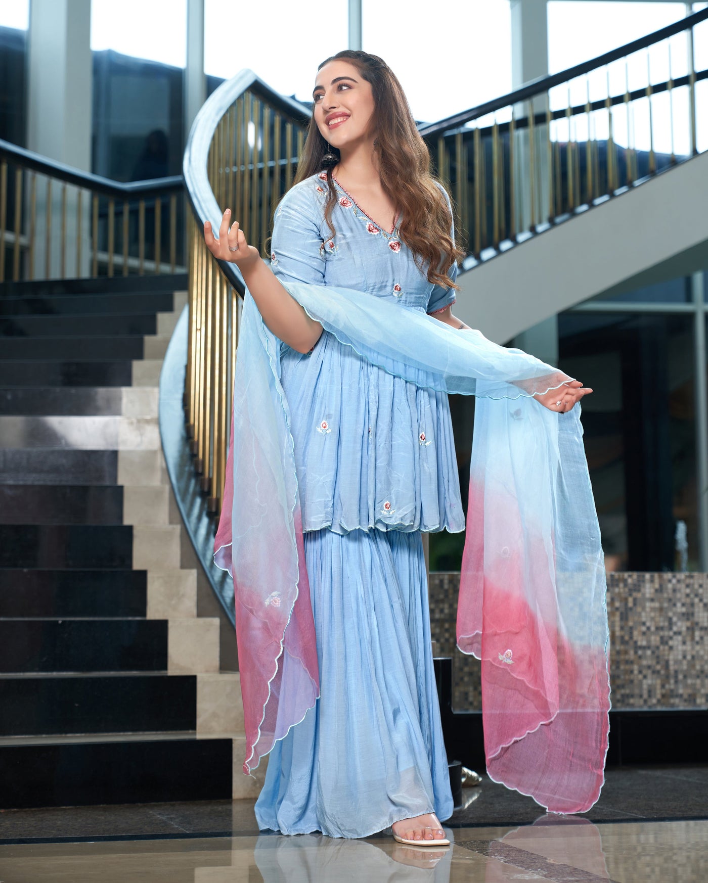 Kaari Pastel Blue Embroidered Muslin Silk Sharara Set