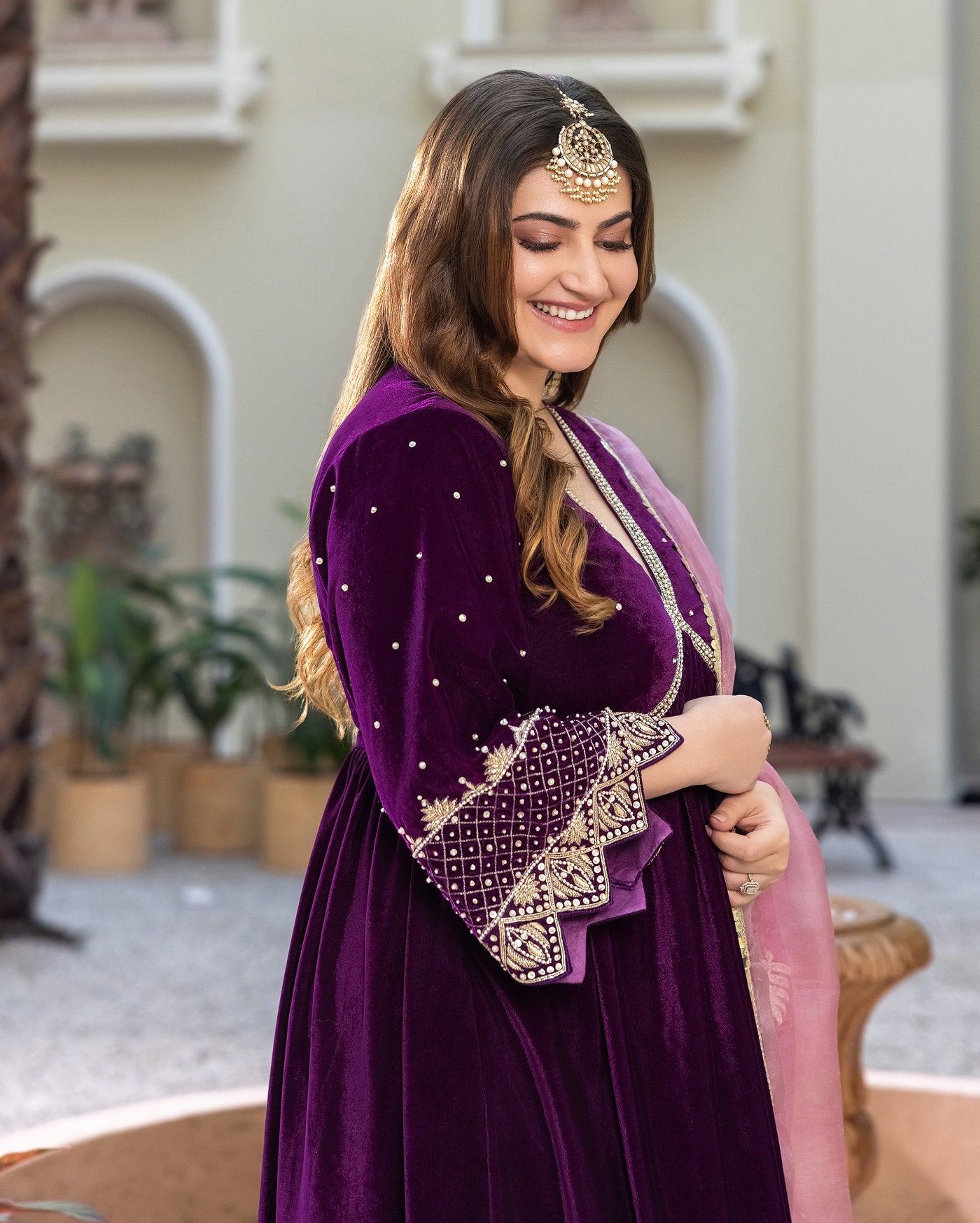 Jamni Purple Embroidered Velvet Suit Set