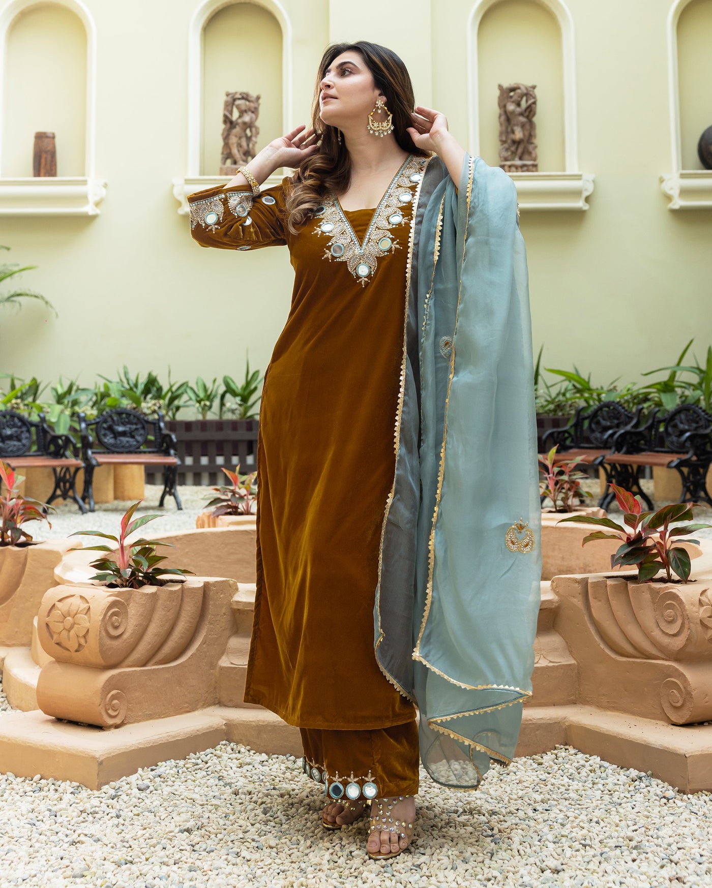 Khardali Mustard Embroidered Velvet Suit Set