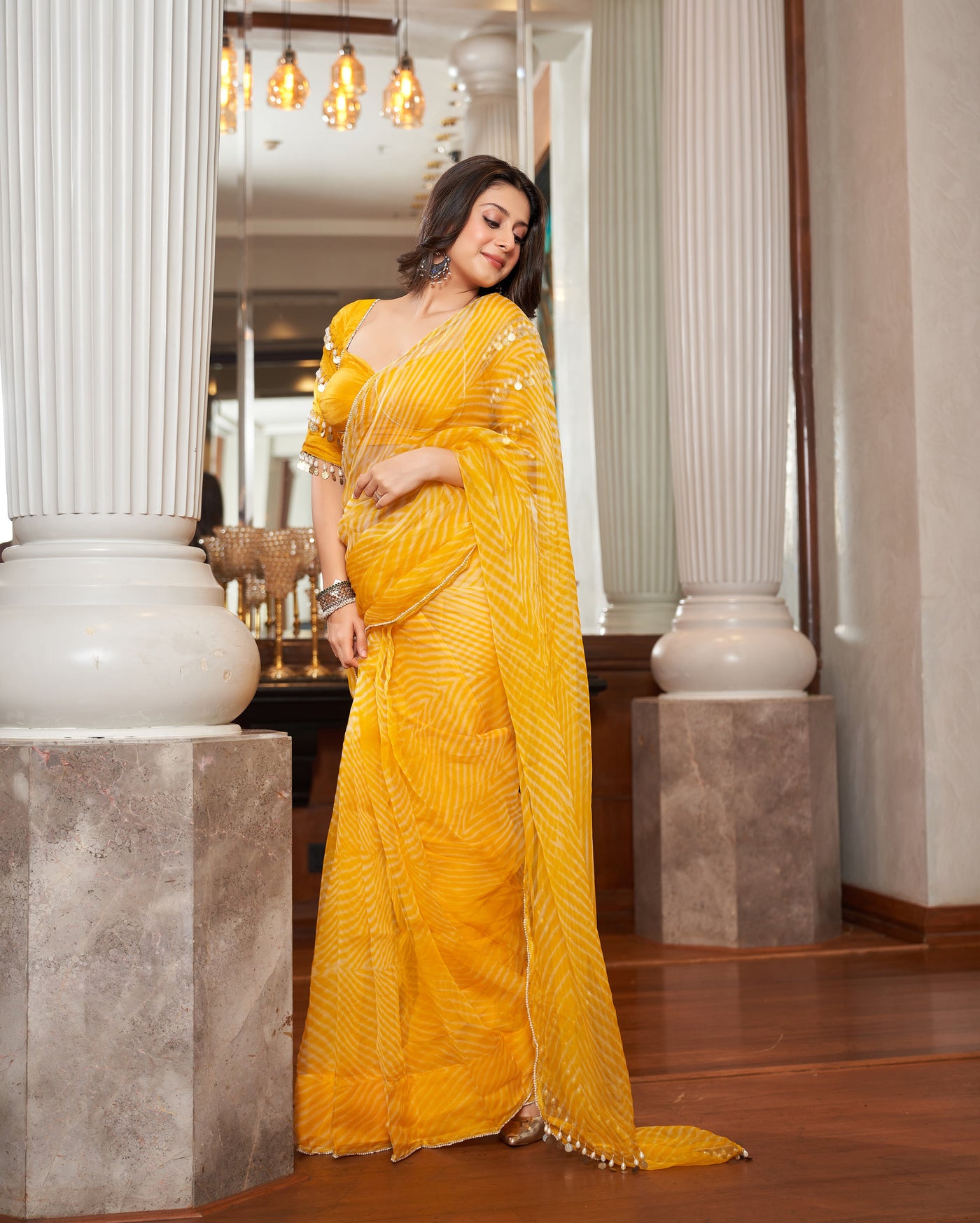 Agni Yellow Leheriya Organza Pre Draped Saree