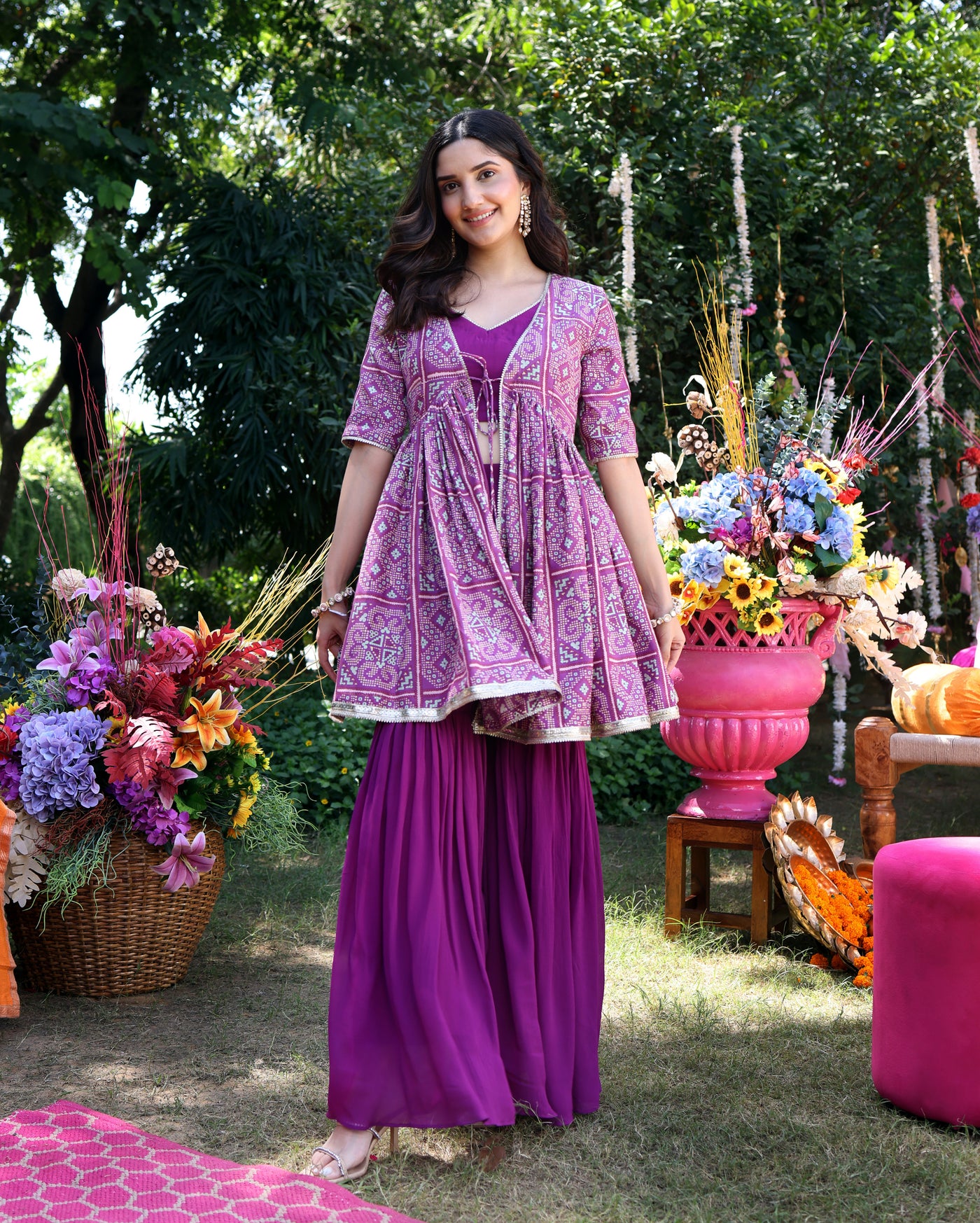 Geometric Purple Elegance Printed Satin Sharara Set