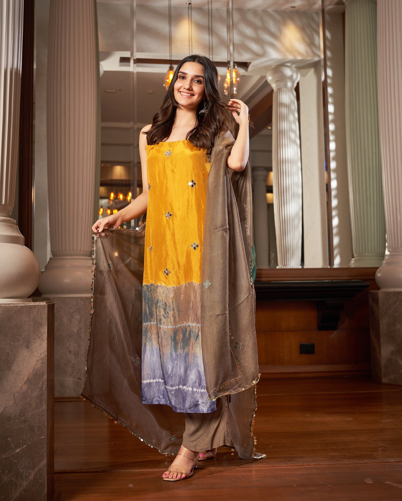 Avni Yellow Grey Tie-Dye Chanderi Suit Set