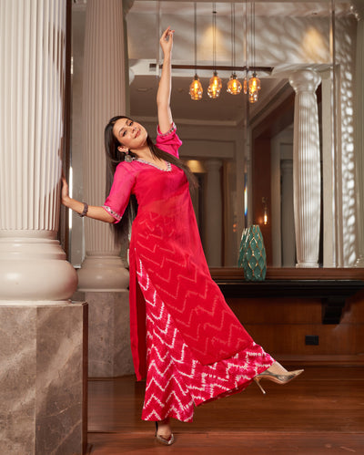 Arya Red Pink Ombre Leheriya Organza Kurta Set