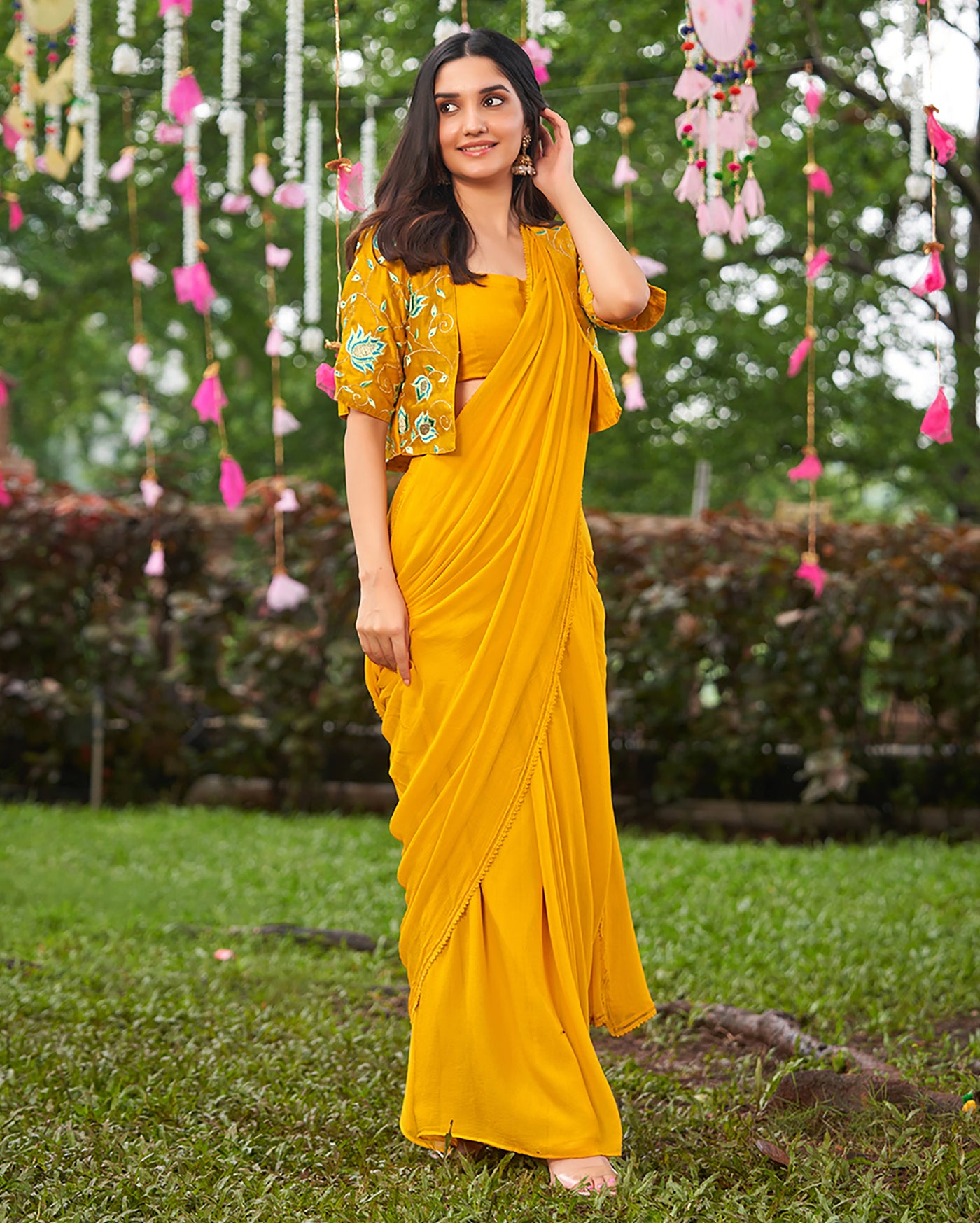 Uday Mustard Yellow Embroidered Chinon Pre Draped Saree