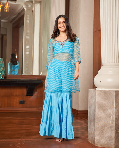 Tijori Light Blue Leheriya Organza Sharara Set