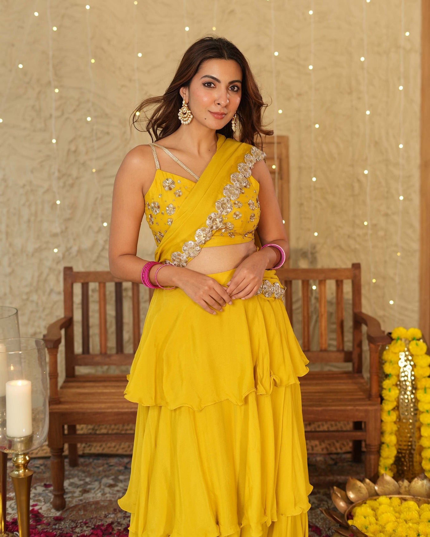 Kesar Mustard Solid Chinon Pre-draped Saree