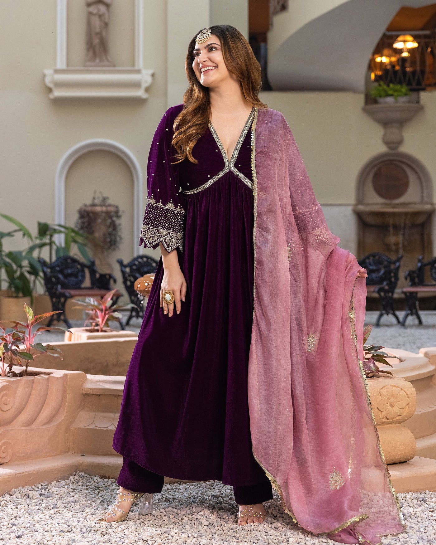 Jamni Purple Embroidered Velvet Suit Set